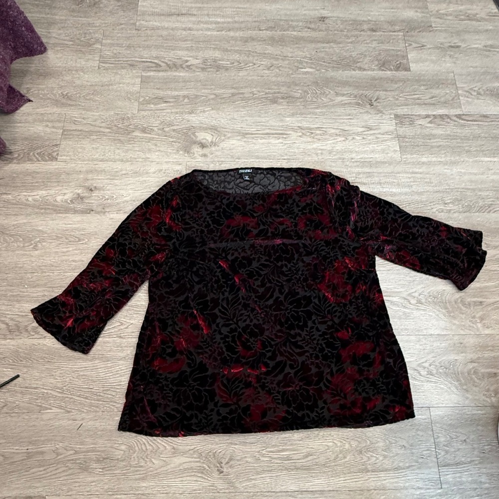 Whimsigoth Roz & Ali 2X Burnout Velvet Blouse Red Black Floral Goth Top